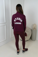 STUDIO LEISURE BURGUNDY PRINTED FILL ZIP JACKET LEGGINGS SET