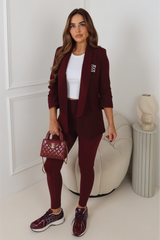 GLAMIFY EMBROIDERED VALENCIA BURGUNDY RUCHED SLEEVE BLAZER