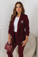 GLAMIFY EMBROIDERED VALENCIA BURGUNDY RUCHED SLEEVE BLAZER