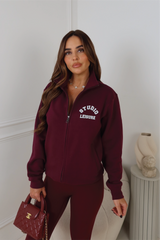 STUDIO LEISURE BURGUNDY PRINTED FILL ZIP JACKET LEGGINGS SET