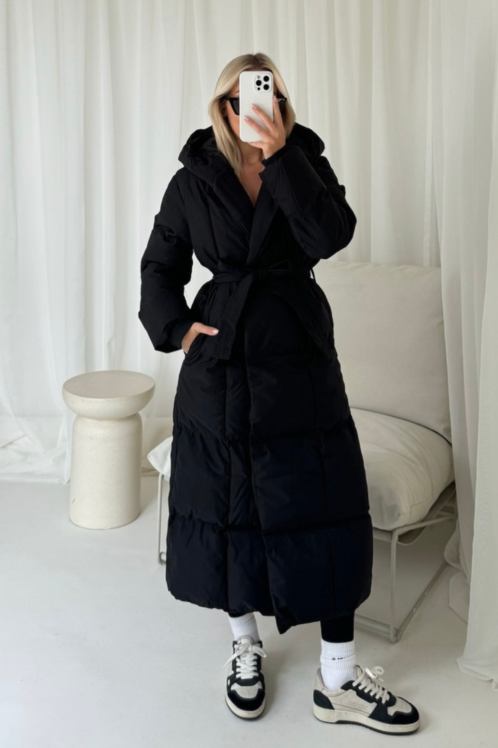 Willow black long hooded puffer duvet coat Glamify Famous For Loungewear