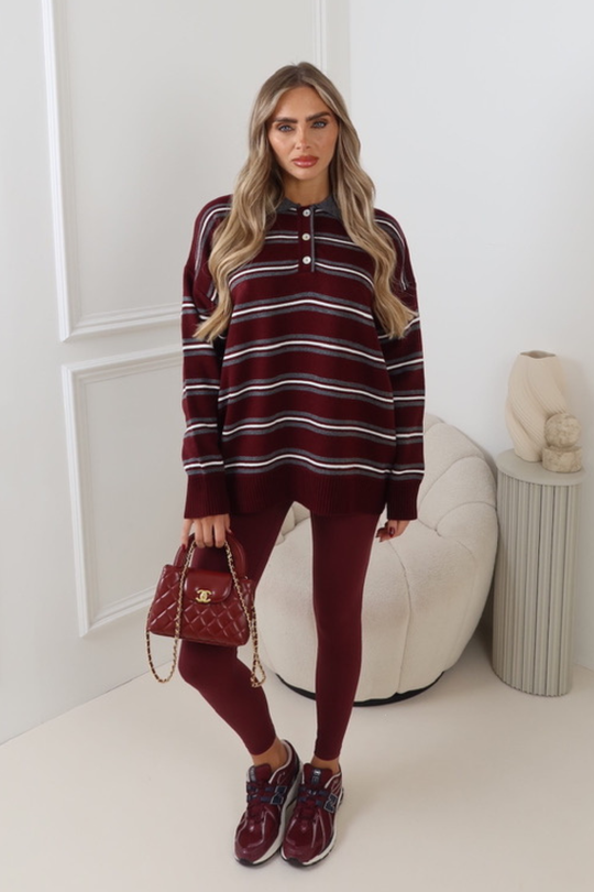 LYRA BURGUNDY  STRIPED BUTTON UP COLLARED JUMPER