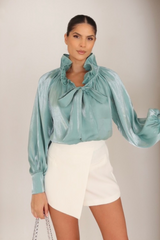 Kylie teal tie neck chiffon blouse