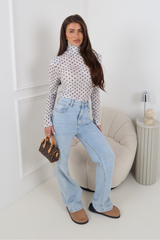 MIA GREY HIGH NECK SHOULDER PADDED LONG SLEEVE TOP