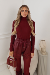 BRIANY BURGUNDY FAUX LEATHER LACE SHORTS