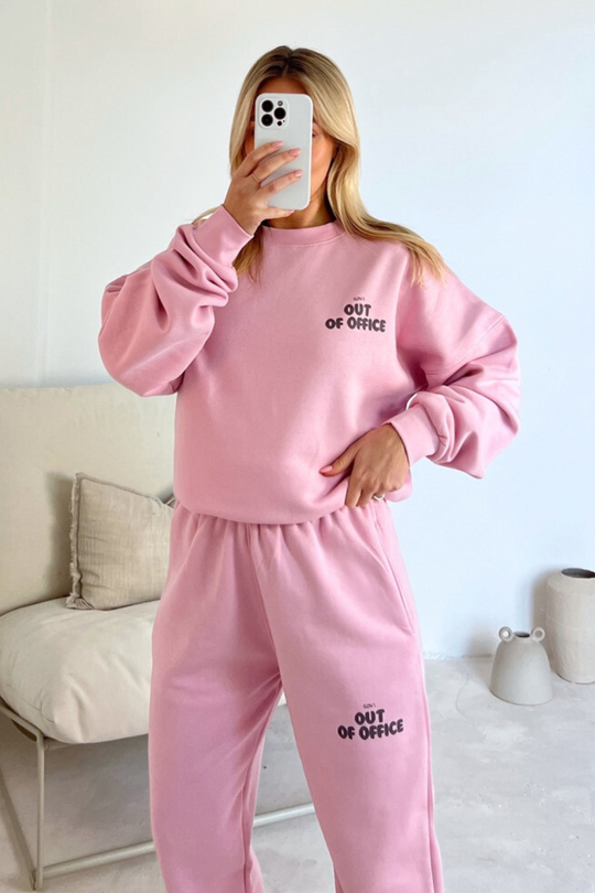 Out of office baby pink printed sweater joggers premium loungewear
