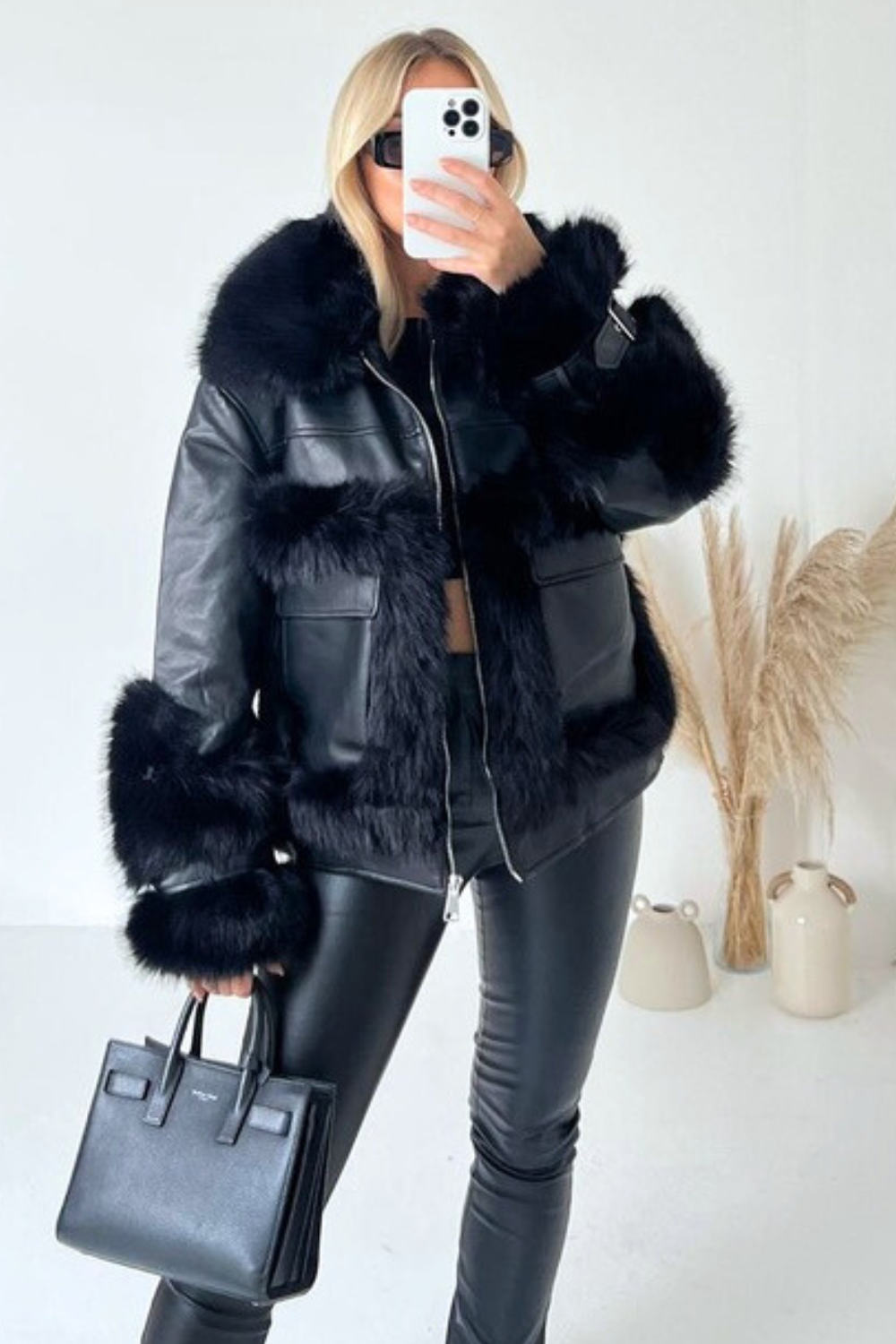 Faux fur jacket 2025 with leather trim