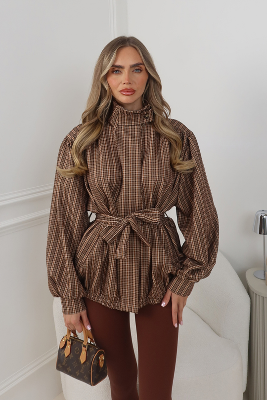 WILLOW BEIGE CHECK ZIP UP JACKET WITH BELT