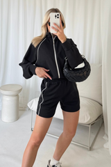 Ella black contrast piping zip through jacket & shorts loungewear