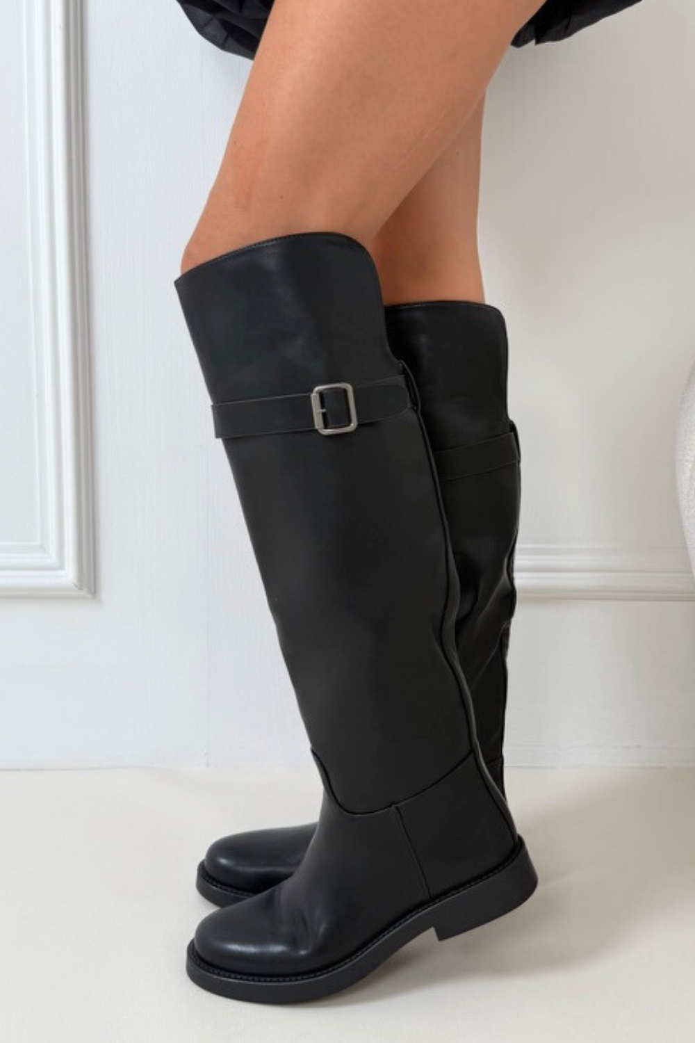 Hailey black knee high buckle flat boots - Main Image