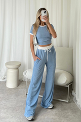 Jayden blue contrast waistband pants and crop top co-ord
