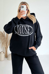 Muse black printed  relaxed hoodie