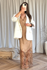 Tiah bronze satin lace trim maxi dress
