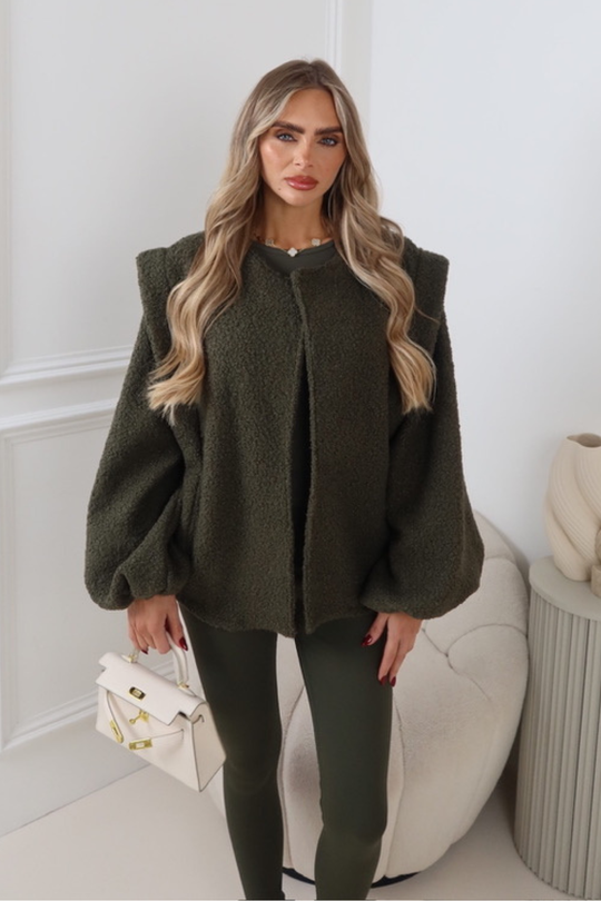 BRIANNA KHAKI BOUCLE BOMBER JACKET
