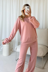 Romy pink contrast piping sweater & trouser loungewear