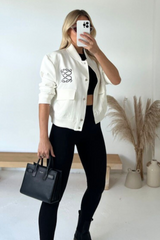 Gege White Cropped Bomber Jacket