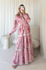 Laura pink a-line long sleeve patterned maxi dress