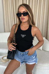 Lucia Black Embroidered Ribbed Vest