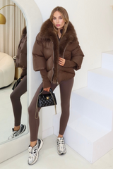 Verity brown hooded puffer coat with faux fur trim