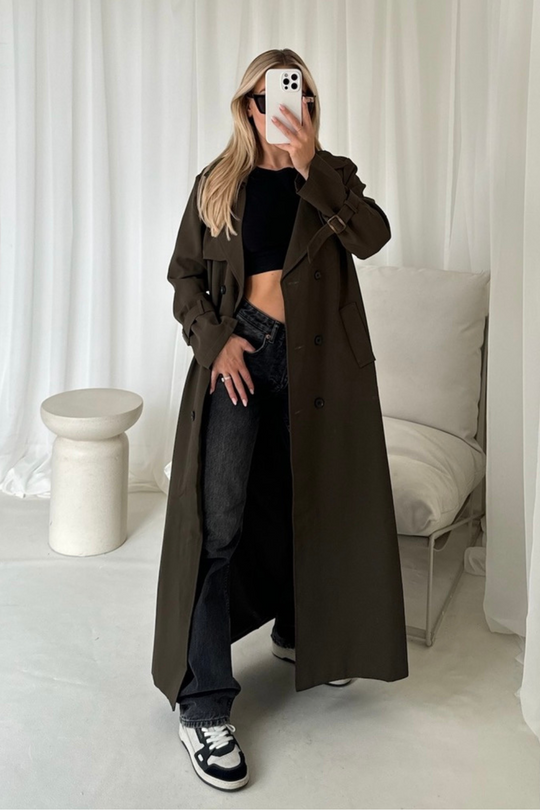 Mollie khaki long khaki trench coat