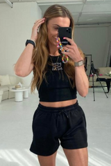 Gege Black Embroidered Ribbed Vest Top