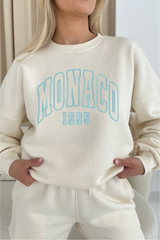 Monaco blue  embroidered ecru sweater
