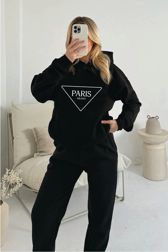 Paris triangle black embroidered hoodie joggers loungewear