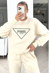 Paris triangle embroidered ecru sweater joggers loungewear
