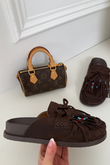 ORLANDA CHOCOLATE FAUX SUEDE BEADED TASSLE MULE