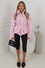 KODIE PINK CHECKED BELTED PUFF SLEEVE WINDBREAKER JACKET