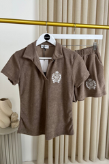 St Moritz Mocha embroidered towelling polo shorts co-ord