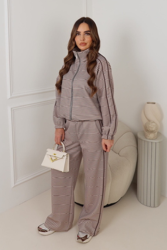 SAINTA CHOCOLATE STRIPED ZIP HIGH NECK JACKET & TROUSER SET
