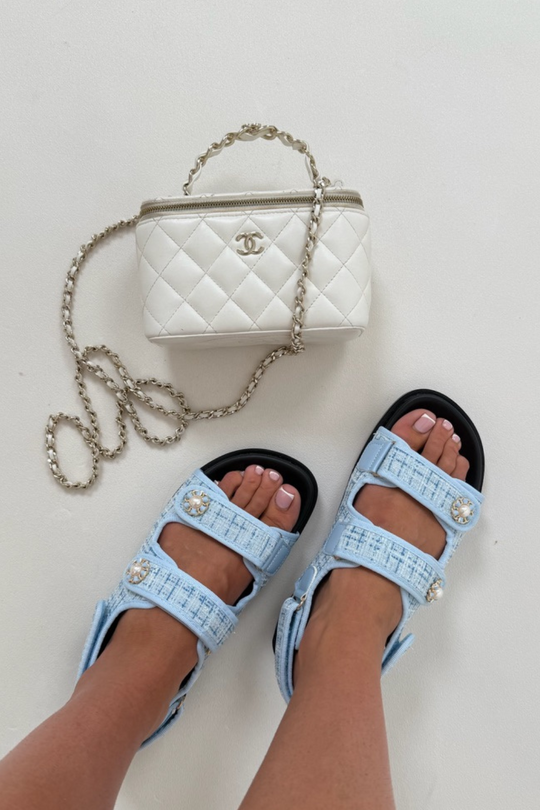 Olivia blue tweed double strap slides