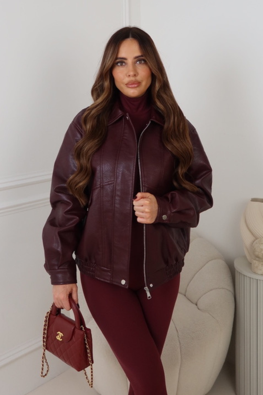 ORLA BURGUNDY FAUX LEATHER BOMBER JACKET