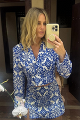 Evelyn blue patterned cropped blazer & skort co ord