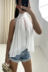 DEMI WHITE LACE PLEATED HIGH NECK SCARF TOP
