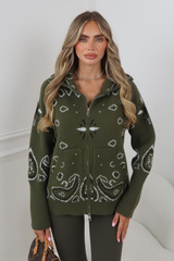 PAISLEY KHAKI KNITTED FULL ZIP HIGH NECK CARDIGAN