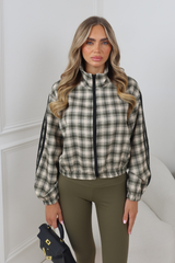 MAXINE GREEN CHECK STRIPE DETAIL ZIP UP JACKET