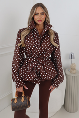 GABRIELLA CHOCOLATE POLKA DOT BELTED PUFF SLEEVE HIGH NECK JACKET