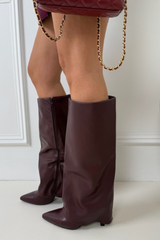 CORA BURGUNDY FAUX LEATHER HIGH HEELED BOOTS