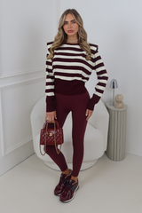 GISELLE BURGUNDY STRIPE KNITTED JUMPER WITH SHOULDER PADS