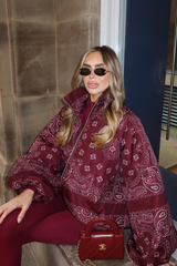 PARKER BURGUNDY PAISLEY BALOON SLEEVE PUFFER JACKET