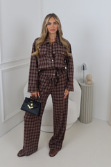 DARCIE CHOCOLATE CHECKED BUTTON UP JACKET AND TROUSER CO ORD