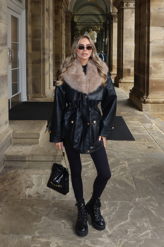 MAPLE BLACK LEATHER JACKET WITH FUR COLLAR AND ADJUSTABLE WAIST