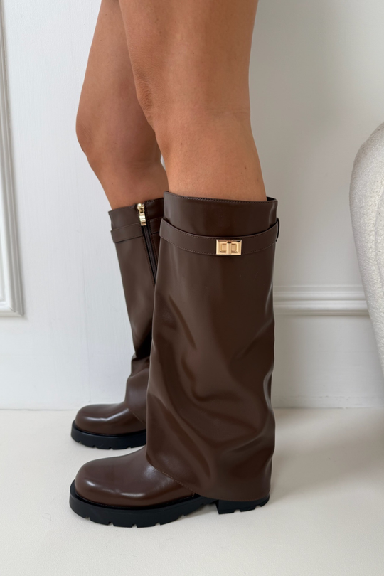 DAYA CHOCOLATE FLAT FOLD OVER STRAPPED BOOTS