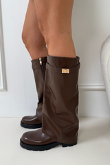 DAYA CHOCOLATE FLAT FOLD OVER STRAPPED BOOTS