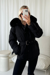 Margot Black padded faux fur hooded Coat