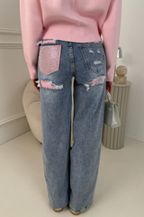 ISLA BLUE STRAIGHT LEG JEANS WITH PINK DIAMONTE POCKET