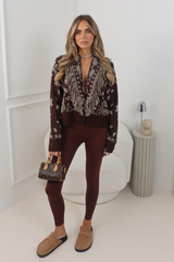 JENNA CHOCOLATE BANDANA PRINT KNIT TASSEL CARDIGAN