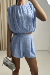 KINSEY BLUE PUFFPALL CROP TOP & SKORT CO ORD TWO PIECE SET